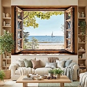 cheap Wall Tapestries-3D Zen Garden Window View Wall Tapestry Cherry Blossoms Sakura Pond Rocks Shoji Screen Tea Set Home Decor Living Room Bedroom Backdrop Office Mural Art