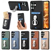 abordables 2026 Samsung Galaxy S26 Série-téléphone Coque Pour Samsung Galaxy S26 S26 Plus S26 Ultra Coque Arrière avec Support Support Anneau Emplacement Carte Rétro TPU Fibre faux cuir