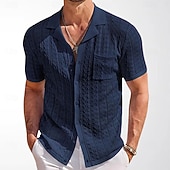 baratos camisa de botão masculina-Homens Camisa Social Camisa casual camisa de botão Camisa Jacquard Azul Marinho Escuro Marron Caqui Manga Curta Tecido Colarinho de Camisa Casual Diário Botões Roupa Elegante Moda Casual