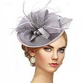 baratos Fascinadores-Fascinadores Linho Casamento Aniversário Vintage Estilo bonito Retro Com Penas Capacete Chapéu