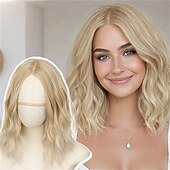 baratos Perucas Sintéticas sem Touca-Peruca preta natural de 35 cm (14 polegadas) para mulheres - peruca ondulada na altura dos ombros com risca ao meio, corte bob ondulado natural em fibra sintética resistente ao calor, ideal para uso