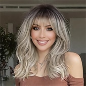 Недорогие Исторические парики-Парик омбре с челкой для женщин, коричневый, смешанный с карамельно-блондинистыми прядями, кудрявые и волнистые парики, многослойная прическа, синтетические парики для повседневной носки и вечеринок,