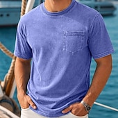 ieftine tricouri de bază-Bărbați Tricou Camasa de blugi Tricou din bumbac Cămașă spălată Mânecă scurtă Crewneck Vară Simplu Pit Strip Epocă Modă Designer Buzunar Stil Vintage Decolorat Casual Vacanță Stradă Albastru Deschis