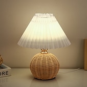 cheap Room Decor Lights-Rattan Wicker Lampshade, Small Table Lampshade, Mini Bedside Lamp For Bedroom, Living Room, Scalloped Lampshade, Side Table, Vintage Aesthetic Pleated Lampshade
