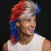 preiswerte Karnevalsperücken-USA 2026 Fußballfan Perücke - Patriotisches Rot Weiß  Blau Mullet Haarteil
