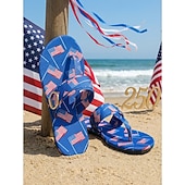  Women's USA 250th Anniversary Patriotic Flip Flops - Star and Stripe Pattern Thong Sandals with Gold Buckle for 2026 Independence Day, Beach Vacations & Summer Parades