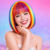 cheap Party Wigs-Blue Purple Ombre Bob Wig with Bangs, Colorful Short Funny Bob Wigs Cosplay Hairpieces for Halloween Costume Party Heat Temperature Synthetic Fiber for Women Men
