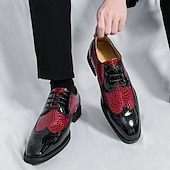 levne Brogue boty-Pánské červeno-černé oxfordské boty s krokodýlím vzorem, šněrovací lakované kožené společenské boty, módní společenská obuv na svatby, bankety, večírky, maturitní plesy, divadelní vystoupení a výrazné večerní nošení.