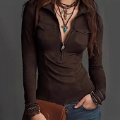 abordables Blusas Sencillas-Mujer Camisa Blusa Cremallera Plano Clásico Retro Antiguo Moderno Manga Larga Escote Chino Tops regulares Diario Festivos Noche Verde Ejército Marrón claro Marrón Verano Primavera