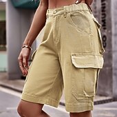 abordables Pantalones cortos bermudas-Mujer Bermudas Pantalón Corto Cargo Chinos Vacaciones Ropa de calle Casual Longitud de la rodilla Media cintura Color sólido Bolsillo Confortable Rígido Diario Exterior Vacaciones Azul Piscina Ocre
