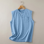 halpa Hihattomat treenipaidat-miesten vintage-toppi, 100 % puuvillaa, happamalla pesty liivi, aluspaita, hihaton paita, hihaton henley-paita, kesäinen yksivärinen muotisuunnittelijan perus taskunapit, lomakatu, musta t-paita miehille