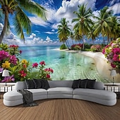 abordables Tapices de pared-Tapiz de pared 3D realista con paisaje natural, cascada y lago azul, bosque de ensueño, montaña y flores. Tapiz colgante para sala de estar, dormitorio, residencia estudiantil, hogar y oficina.