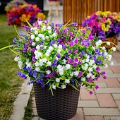 זול פרח מלאכותי-20 חבילות פרחים מלאכותיים לחוץ צמחים מלאכותיים ירק חיצוני דמוי עץ תאשור ללא דהייה שיחים מפלסטיק לעיצוב הבית גינת חווה (מעורב, 3 צבעים מג'נטה סגול לבן)