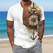 abordables Camisa vintage-Hombre Náutico Ancla Brújula Camisa Camisa de manga corta Camisa con cuello mao Manga Corta retro de la vendimia Casual Diario vacaciones en la playa Verano Primavera Sin Cuello Impresión 3D Azul