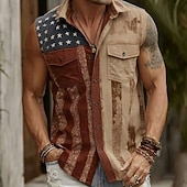  Herren 250. Jahrestag des Unabhängigkeitstages der USA am 4. Juli US Flagge Hemd Knopfhemd Ärmelloses Shirt Ärmellos Patriotisch Ferien Sommer Frühling Umlegekragen Zwei Fronttaschen Weiß Khaki