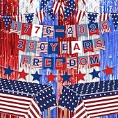  Set di stendardi decorativi per il 250° anniversario del giorno dell'indipendenza degli Stati Uniti, include 24 stendardi, 10 bandierine, 8 festoni, 12 spirali, 2 tende di tulle &1 tovaglia, ideale