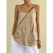 baratos Blusas Simples-Regata feminina com bolso, lisa, moderna, elegante, clássica, sem mangas, gola redonda, ideal para uso diário, passeios e fins de semana. Cores: azul, preta, branca, amarela, rosa. Verão e primavera.