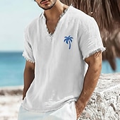 preiswerte Camisetas tropicales de vacaciones-Herren-T-Shirt mit kleinem Palmenprint aus Leinen-Baumwoll-Mischgewebe, V-Ausschnitt, offene Kanten, altrosa, sommerliches Strandurlaubs-Shirt mit Fransen, weiches Designer-Top, Größen S-3XL