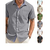 abordables Clásico-Hombre Camisa Camisa de lino Abotonar la camisa Plano Vacaciones Calle Negro Blanco Caqui Gris Oscuro Manga Corta Cuello Camisero Verano Primavera Ropa Bolsillo