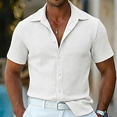 cheap Men's Button Up Shirts-Men's Shirt Waffle Shirt Texture Casual Shirt Button Up Shirt Blue Black White Pink khaki Short Sleeve Plain Lapel Casual Daily Clothing Apparel Fashion Modern Casual Comfortable