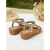 tanie Sandały wakacyjne-damskie sandały na koturnie z ozdobami z kryształków – wygodne elastyczne paski i kwiatowe wzory na co dzień, latem