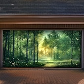 preiswerte Garage- und Türbanner-Zauberwald, Magie, leuchtend grüne Bäume, Sonnenlicht, Nebel, Teich, Naturlandschaft, Garagentorbanner, Wandbild, Garten, Hausfassade, Partykulisse