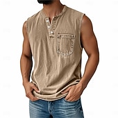 Χαμηλού Κόστους Αμάνικα Μπλουζάκια Γυμναστικής-Ανδρικό vintage γιλέκο 100% βαμβάκι, αμάνικο πουκάμισο Henley, καλοκαιρινό, φθινόπωρο, απλό, σχεδιαστής μόδας, κλασικό, διακοπές, δρόμος, μαύρο, ροζ, μπλε, μπλουζάκι για άνδρες