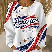 billige Uavhengighetsdag Topp-Dame Pullover Gensere Grafisk Mote Klassisk Moderne Langermet Rund hals Vanlige topper Gate Hverdag Hvit Rød og Hvit Vår Høst