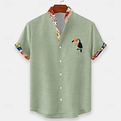 cheap Birds &amp; Animals-Men's Bird Tropical Plants Toucans Summer Hawaiian Shirt Button Up Shirt Stand Collar Shirt Short Sleeve Hawaiian Casual Beach Vacation Wear Summer Spring Mandarin Collar 3D Print Linen Like Shirt