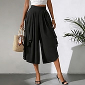 cheap Wide Leg &amp; High Waisted-Women's Trousers Capri Pants Casual Pants Summer Pants Elegant Fashion Casual Daily Calf-Length High Waist Solid Color Plain Layered Wide Leg Elastic Waistband Comfort Lightweight Soft Inelastic