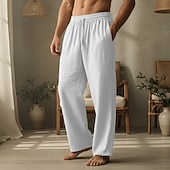 preiswerte Heim-Herren Leinenhosen Hose Sommerhose Kordelzug Elastischer Bund Gerader Schnitt Einfach Komfort Atmungsaktiv Volle Länge Lässig Täglich Ferien Urlaub Mode Schwarz Weiß Unelastisch