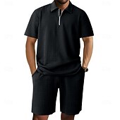 billige Basic Tees-sett for menn-Herre Polo T-skjorte drakter Joggedress Shorts og T-skjorte sett Kortermet Kort Erme Aftæpning Sommer Fargeblokk Gymnastik Fritid Jacquard Glidelås 2 deler Avslappet Feriereise Dagligdagstøy Svart