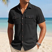 cheap Men's Work Shirts-Men's Shirt Casual Shirt Corduroy Shirt Button Up Shirt Black White Yellow Navy Blue Brown Short Sleeve Solid Color Plain Textured Shirt Collar Casual Daily Front Pocket Clothing Apparel Elegant