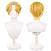 voordelige Anime pruiken-Anime pruik met korte gouden middenscheiding in oceaanavonturiersstijl voor cosplayfeestjes
