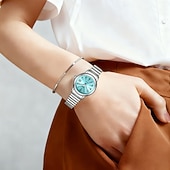abordables Montres à quartz-Montre femme facile à lire, à quartz, avec bracelet extensible en acier inoxydable, cadran bleu turquoise avec affichage de la date, étanche, élégante et décontractée, idéale comme cadeau pour femme