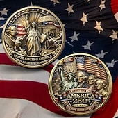  Moeda comemorativa do 250º aniversário dos EUA, celebrando a herança americana com a Estátua da Liberdade e os Pais Fundadores. Uma elegante peça de colecionador.