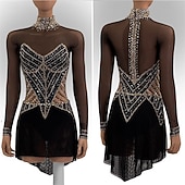 cheap Figure Skating Dresses-Figure Skating Dress Girls' Ice Skating Dress Black Patchwork Asymmetric Hem Stretchy Training Competition Skating Wear Classic Crystal / Rhinestone Long Sleeve Ice Skating Figure Skating