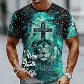  Męska Biblia Lew Krzyż Chrześcijański T-shirt Krótki rękaw Koszulka 3D Wydruk Okrągły dekolt Koszulka Religijna Casual Codzienna Impreza Niebieski Czerwony Zielony Lato Wiosna Odzież