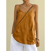 baratos Blusas Simples-Regata feminina com bolso, lisa, moderna, elegante, clássica, sem mangas, gola redonda, ideal para uso diário, passeios e fins de semana. Cores: azul, preta, branca, amarela, rosa. Verão e primavera.