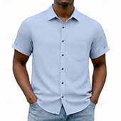 cheap Men's Smart Casual Shirts-Men's Shirt Casual Shirt Button Up Shirt Blue Black White Burgundy Navy Blue Short Sleeve Plain Shirt Collar Casual Daily Front Pocket Clothing Apparel Elegant Fashion Casual