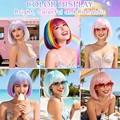 cheap Party Wigs-Blue Purple Ombre Bob Wig with Bangs, Colorful Short Funny Bob Wigs Cosplay Hairpieces for Halloween Costume Party Heat Temperature Synthetic Fiber for Women Men