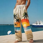 voordelige Casual herenbroek met print-Voor heren Kokosnootboom Natuur &amp; Landschappen Tropische planten Broek Vrijetijdsbroek Wijde broek Medium Taille Hawaii Buiten Vakantie Strand Kleding Elastische tailleband met trekkoord Linnen broek