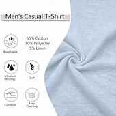  Camiseta de lino para hombre, 2 piezas, manga larga, cuello en V, verano, primavera &Conjunto de 2 piezas liso para verano, color liso, para uso diario, estilo urbano, informal, para exteriores, color