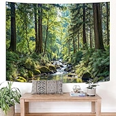 cheap Wall Tapestries-Lush Green Forest Stream Nature Landscape Wall Tapestry Sunbeams Woodland River Mossy Rocks Wall Hanging Home Decor Living Room Bedroom Office Backdrop Art Mural