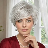 お買い得  古いかつら-女性用エレガントなショートシルバーピクシーウィッグ - 柔らかく乱れたレイヤー