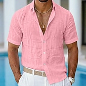 abordables Vacances-Homme Chemise Chemise en lin Chemise Décontractée Chemise Boutonnée Chemise en coton Uni Occasionnel Plage Bleu Noir Blanche Rose Claire Manche Courte Col Rabattu Été Vêtement Tenue Pur