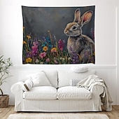 cheap Wall Tapestries-Easter Cute Bunnies Playing Violin Spring Garden Colorful Eggs Basket Flowers Oil Painting Style Wall Tapestry Wall Hanging Living Room Kids Bedroom Home Decor Party Backdrop