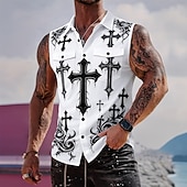  Herren Templer Kreuz Hemd Knopfhemd Ärmelloses Shirt Ärmellos Dunkler Gothic-Stil Outdoor Lässig Sommer Frühling Umlegekragen 3D-Druck Zwei Fronttaschen Blau Weiß 1 Schwarz Weiß Purpur