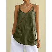 baratos Blusas Simples-Regata feminina com bolso, lisa, moderna, elegante, clássica, sem mangas, gola redonda, ideal para uso diário, passeios e fins de semana. Cores: azul, preta, branca, amarela, rosa. Verão e primavera.