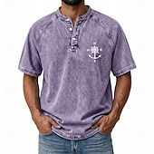 abordables Винтаж и ретро-SoftFade™ Men's Demin Shirt 100% Cotton Acid Wash Shirt Henley Top Short Sleeve Vintage Distressed Casual Home Street Summer Spring Black Pink Light Green Gray Light Blue Stand Collar Henley